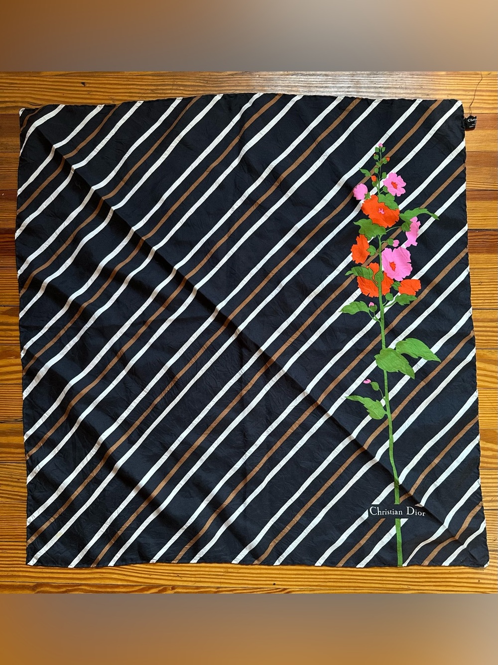 Vintage Christian Dior Silk Scarf Made in Italy Striped Flowers